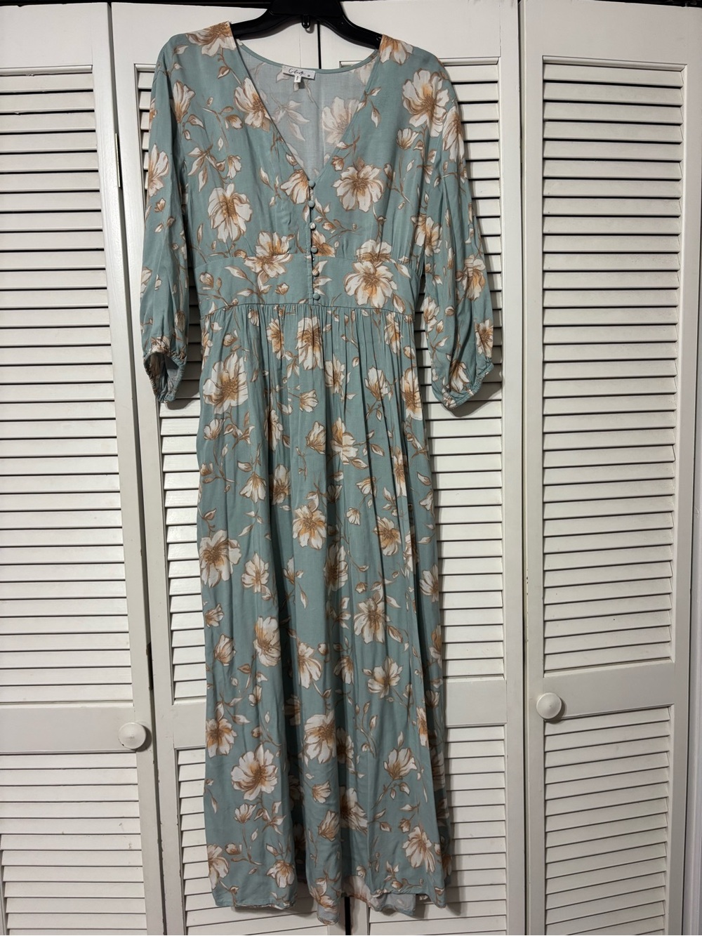 Floral V-Neck Maxi Dress in Sage with Cream Flowers